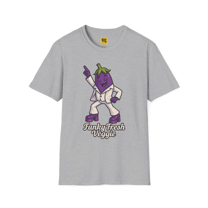 Gray t-shirt with an eggplant character in a suit and sunglasses on a white background