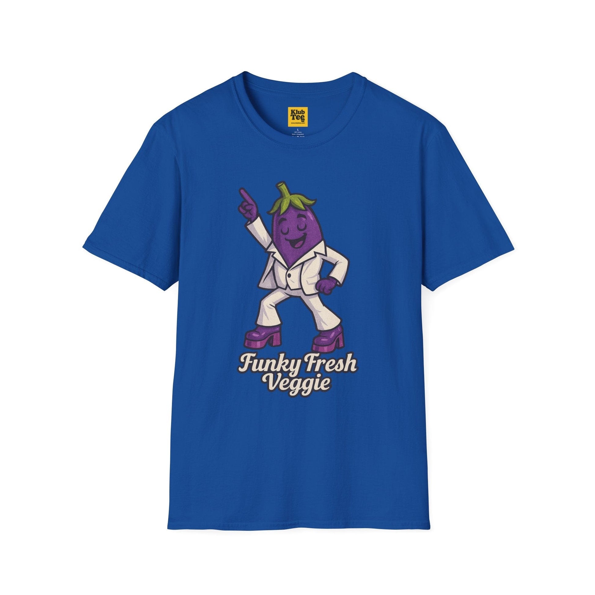 Blue t-shirt with cartoon eggplant character and 'Funky Fresh Veggie' text on a white background