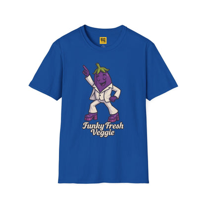 Blue t-shirt with cartoon eggplant character and 'Funky Fresh Veggie' text on a white background