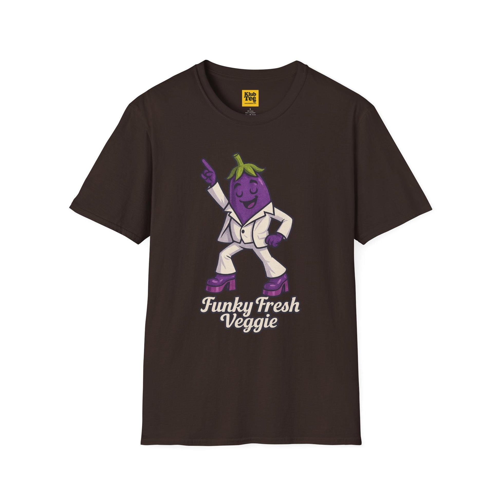 Dark chocolate t-shirt with a stylized eggplant character and 'Funky Fresh Veggie' text on a white background