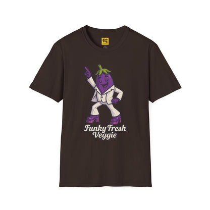 Dark chocolate t-shirt with a stylized eggplant character and 'Funky Fresh Veggie' text on a white background