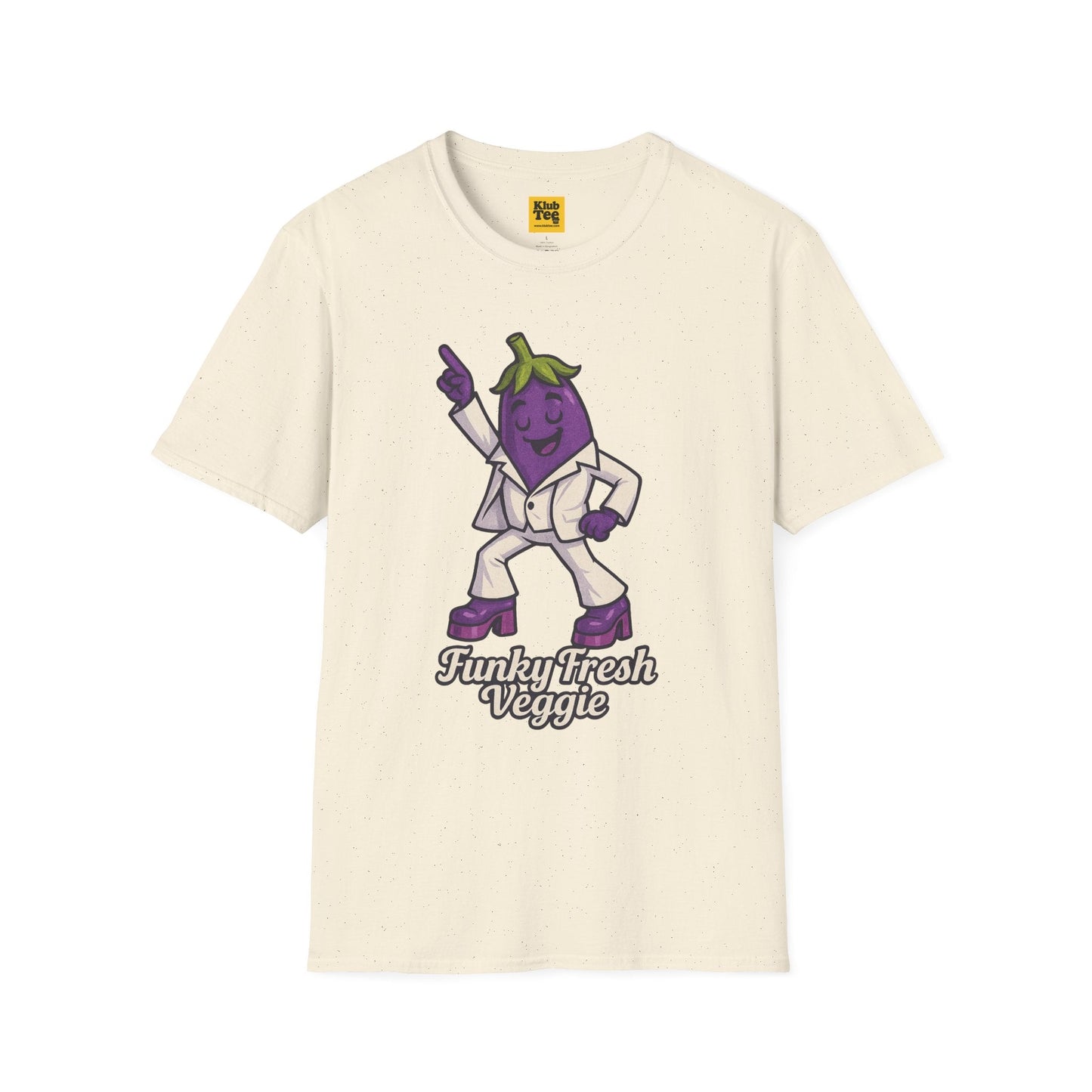 Beige t-shirt with a cartoon eggplant character and text on a white background
