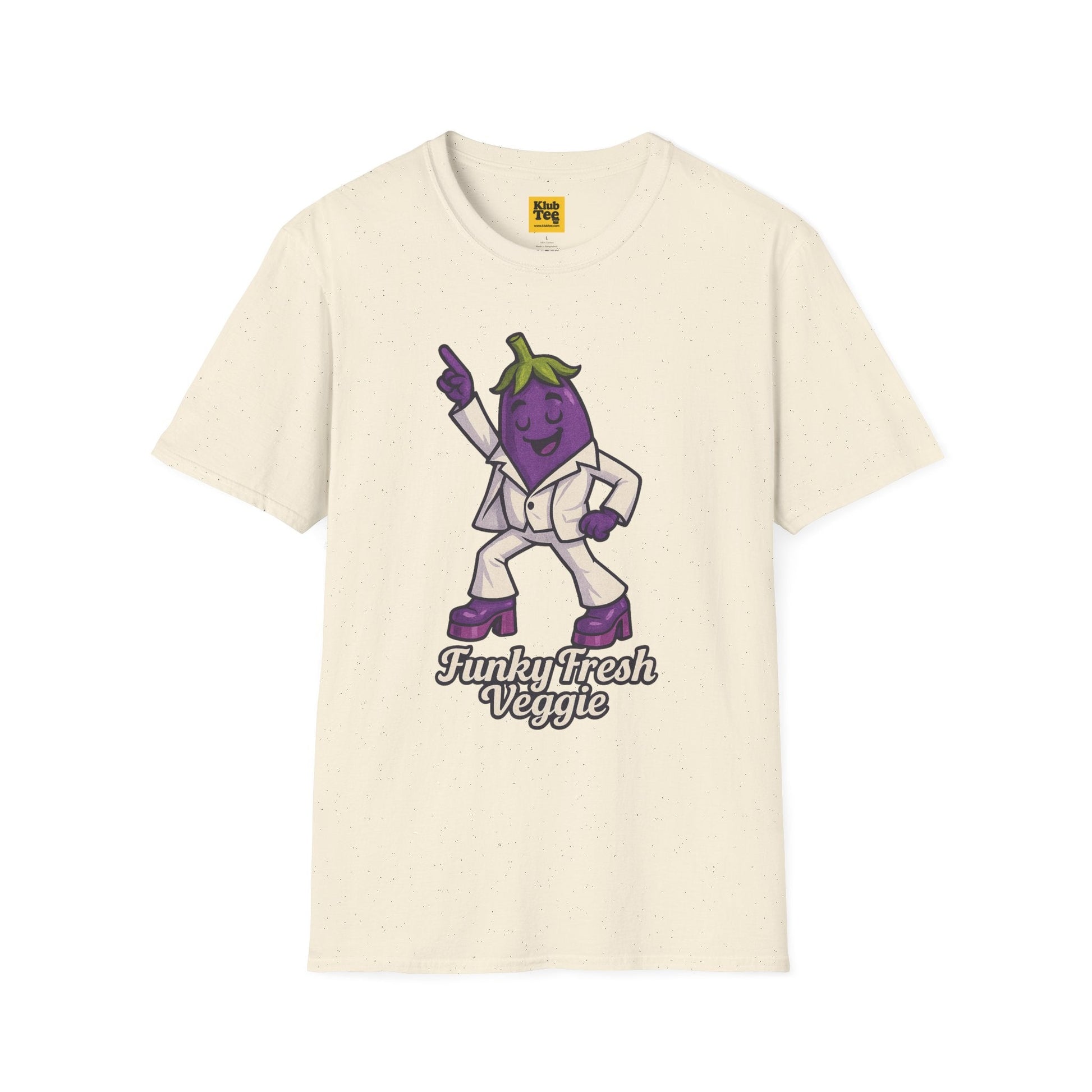 Beige t-shirt with a cartoon eggplant character and text on a white background