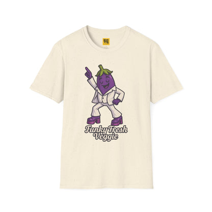 Beige t-shirt with a cartoon eggplant character and text on a white background