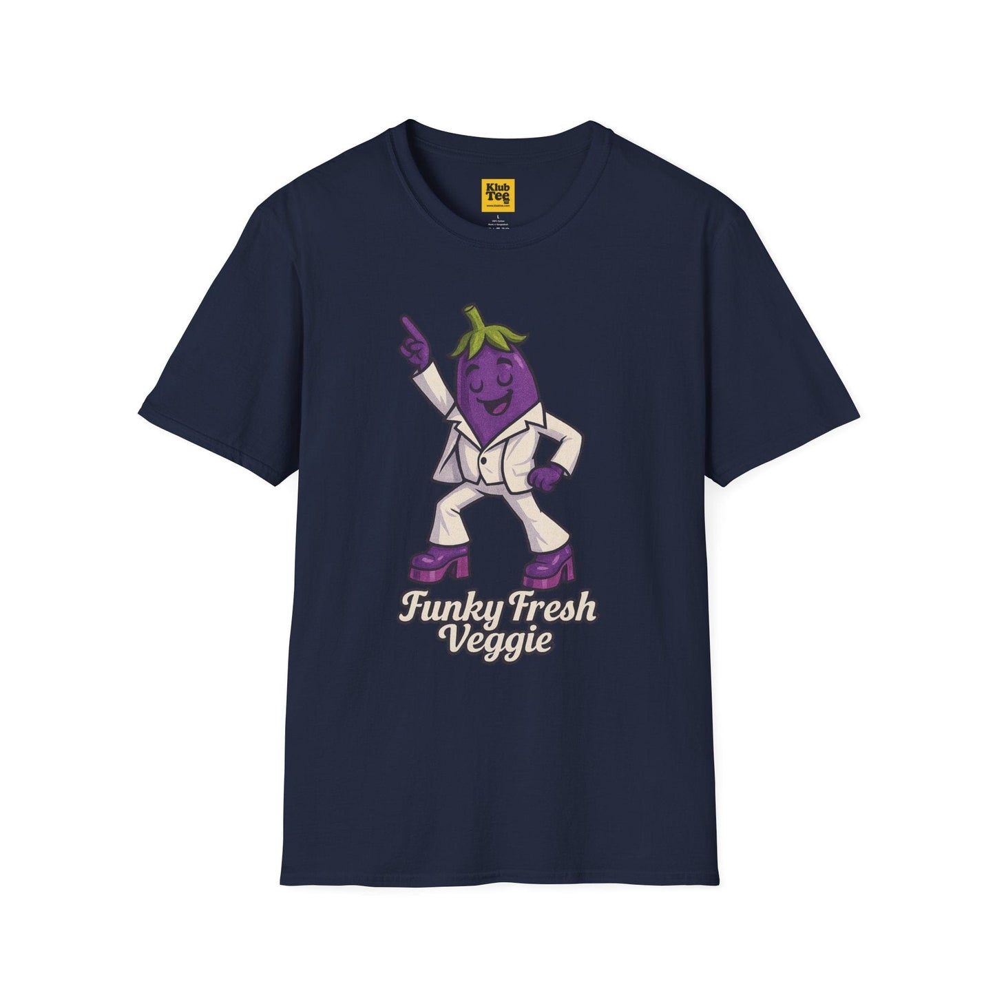 Navy blue t-shirt with a cartoon eggplant character and 'Funky Fresh Veggie' text on a white background