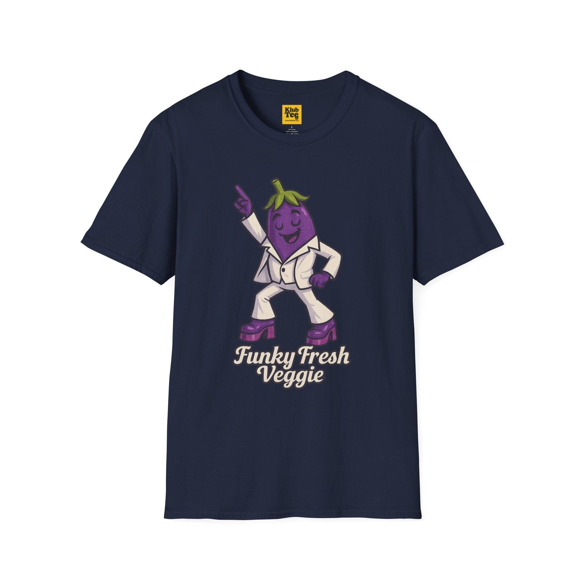 Navy blue t-shirt with a cartoon eggplant character and 'Funky Fresh Veggie' text on a white background