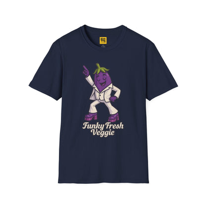 Navy blue t-shirt with a cartoon eggplant character and 'Funky Fresh Veggie' text on a white background