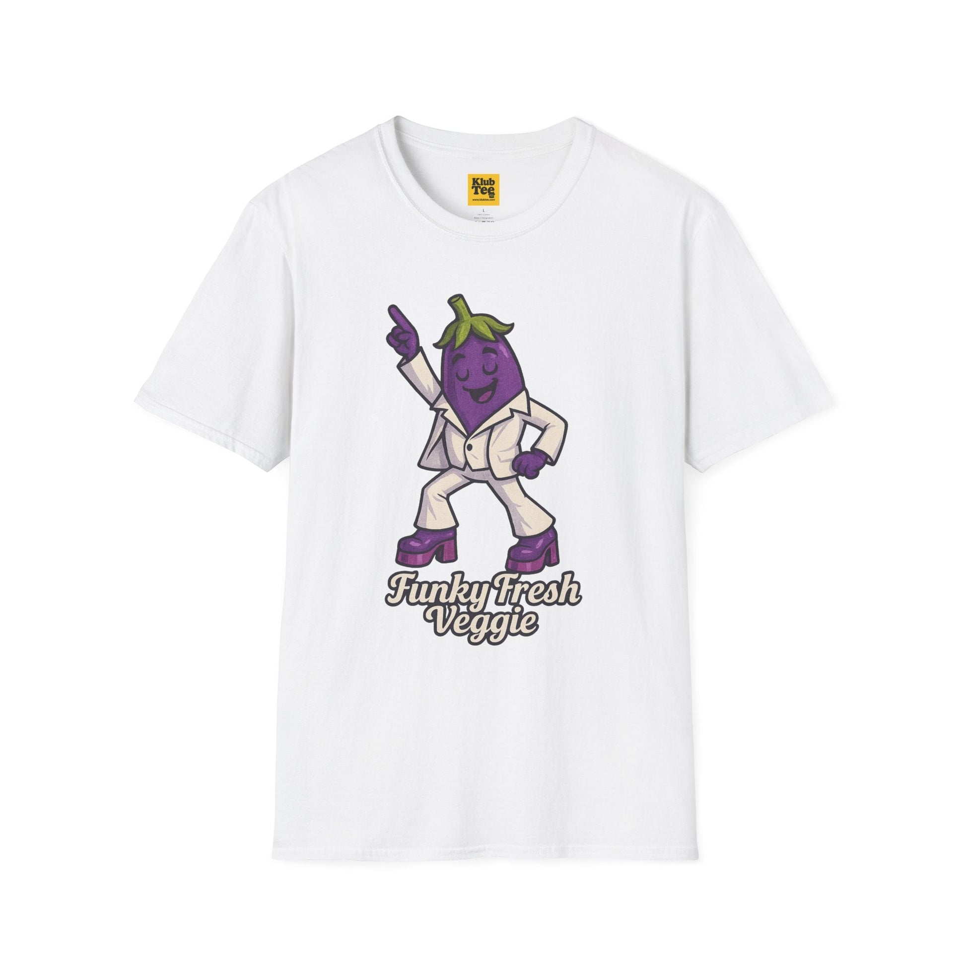 White t-shirt with a cartoon eggplant character and text on a white background