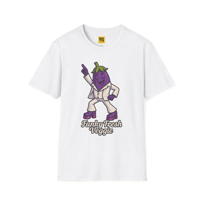 White t-shirt with a cartoon eggplant character and text on a white background