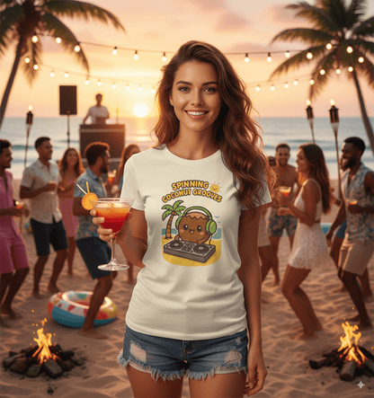 Coconut grooves t-shirt with summer party vibes tropical music design, front