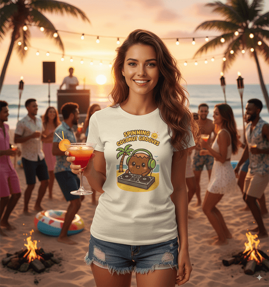 Coconut grooves t-shirt with summer party vibes tropical music design, front